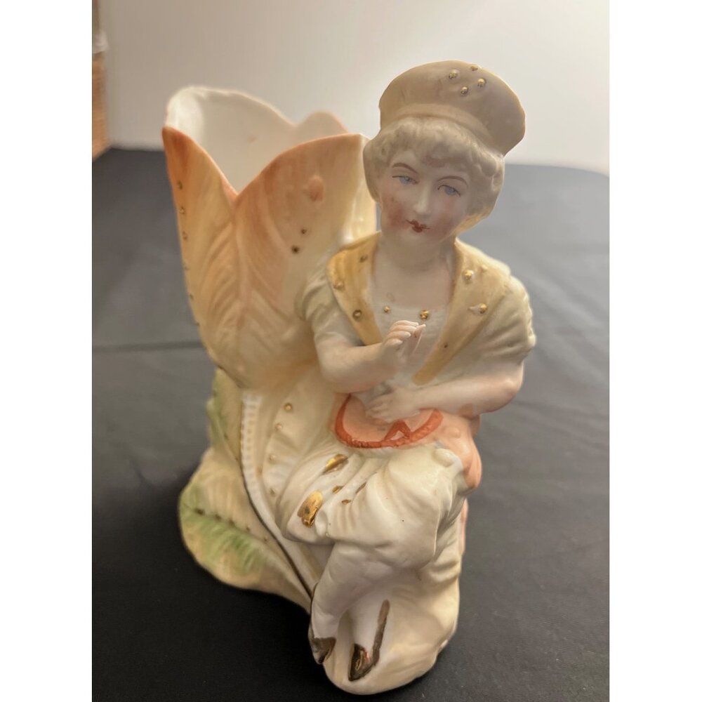 Antique Victorian Bisque Porcelain Boy With Tulip Vase 5”
